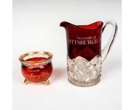 Ruby red to clear, including a pitcher and footed vase, each marked 'Souvenir of Pittsburgh, PA' ., and 'Souvenir Lewisburg, 