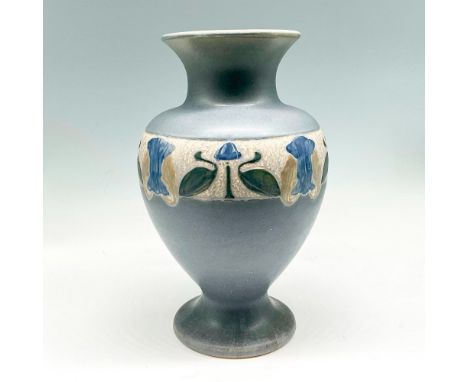 Dappled blue gray coloration with light glaze has an Egyptian banded design colored in green, blue and yellow. R Roseville ma