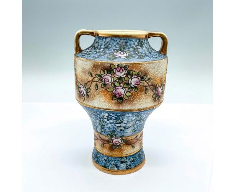 A small blue and brown tone vase adorned with pink roses. Noritake backstamp. Dimensions: 4.25"W x 6.25"HManufacturer: Norita