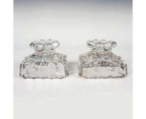 Lovely set of pressed glass 1-light hurricane block in the Crystolite pattern in linear design. Issued: 1937-1957Dimensions: 