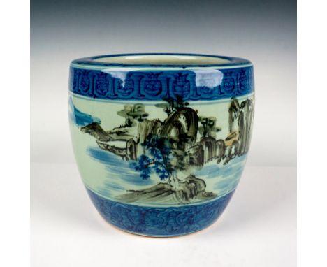 Beautiful Asian motif ceramic vase decorated with a tranquil river scene. Maker stamp on the bottom. Dimensions: 10"dia. x 9"