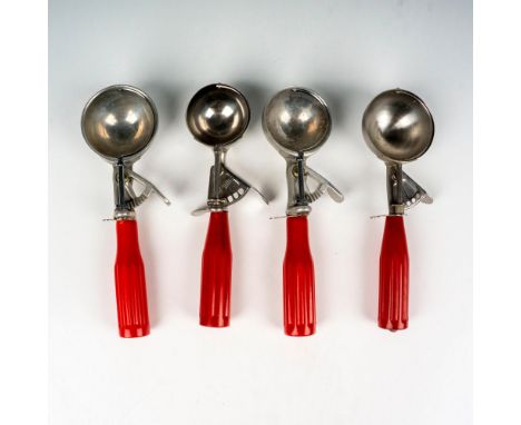 This vintage grouping of ice cream scoops includes #20 Shore Craft, #12 Maid of Honor, #12 Peerless, and #16 unmarked ice cre