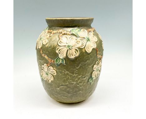 Raised floral and vine design colored in avocado green with light glaze. R Roseville stamped mark. Issued: c.1926Dimensions: 