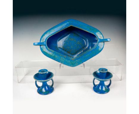 Three pieces painted in a great mottled blue glaze. The two candle holders have Roseville stickers on the bottoms and measure