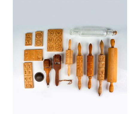 This vintage grouping includes 6 cookie press rolling pins, 5 cookie mold blocks, a glass rolling pin, one-piece rolling pin,