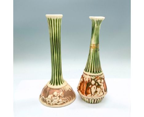 2 slender neck vessels with green and creamed colored Corinthians and cherubs set against brown ground. Vase 1: 4.75"W x 10"H