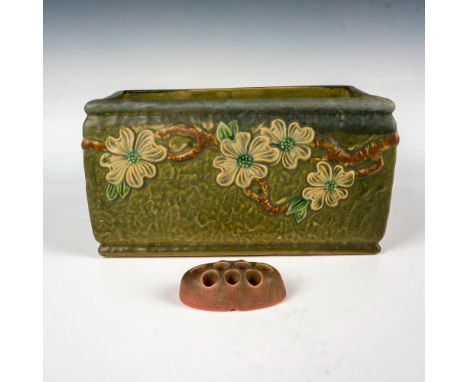 This pair includes Roseville pottery planter in the dogwood pattern stamped with the blue R to base and a Rookwood flower fro