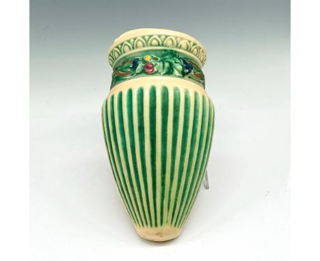 Cone shaped pocket with raised rib design and banding of florals and vines, Matte finish over light green and eggshell. Issue