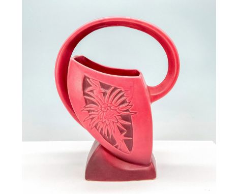 Roseville art pottery mid-century ceramic vase in rose red finish with design on front and back. Emboss Roseville 710-10 to b