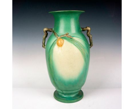 Light glaze over sage green with pinecone accents and double branch handles. Roseville raised mark. Issued: c. 1931Dimensions