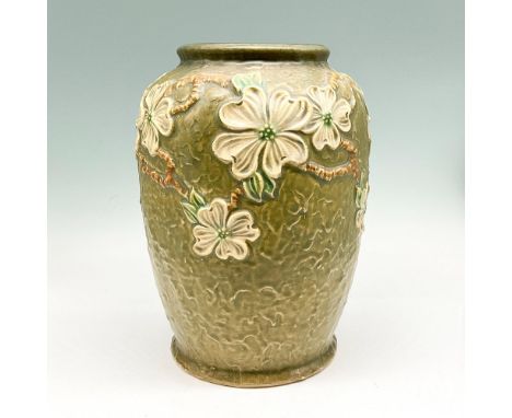 Light glaze over avocado green base with raised beige floral and vine design. R Roseville stamped mark. Issued: c. 1926Dimens