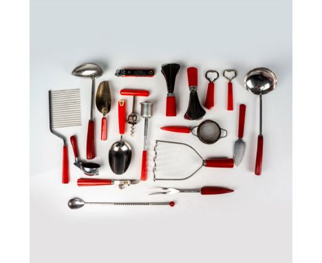 This retro kitchen utensil grouping includes 2 food choppers, 2 scoops, small sieve, 2 ladles, masher, cake cutter, serving f