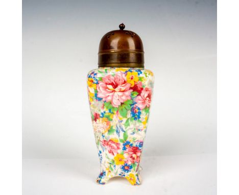 Features a chintz floral ground brass-tone metal lid. Midwinter backstamp. Dimensions: 2.5"L x 2.5"W x 6.5"HManufacturer: Mid