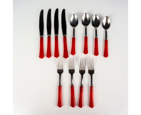 This vintage silverware grouping includes 4 forks, 4 spoons, and 4 knives all finished with red Bakelite handle. Metal part i
