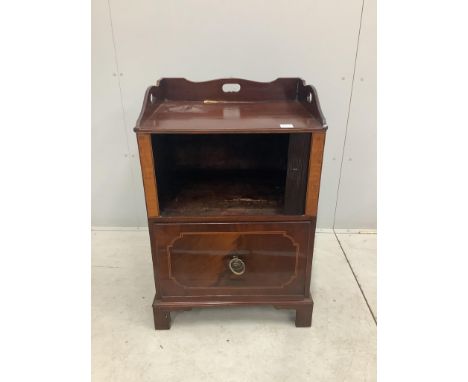 A George III inlaid mahogany tray top commode, width 62cm, height 93cm. Condition - fair