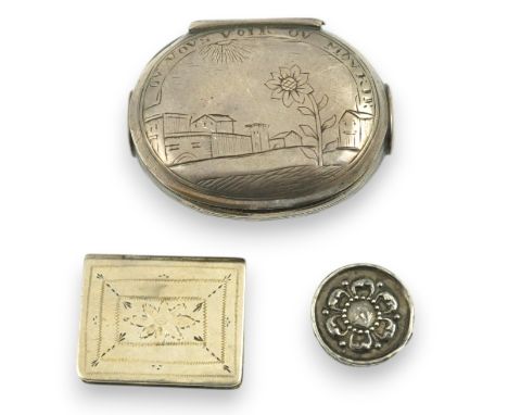 A 17th century style miniature silver snuff box, 40mm, a  miniature 'book' box and a token/counter box with one counter. Cond