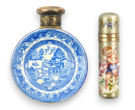 A Victorian white metal and enamel cylindrical scent bottle, 48mm(a.f.) and a late Victorian silver mounted willow pattern sc