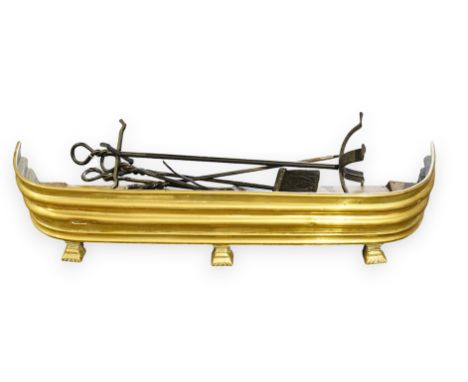 A Victorian brass fire kerb etc, kerb 108cm wide. Condition - fair length 111cm, a set of modern wrought iron fire tools, two