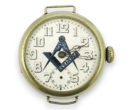 A nickel cased masonic manual wind wrist watch, with subsidiary seconds(no hand), case diameter 37mm. No strap. Condition - p