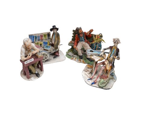 Four Italian ceramic figures to include Capodimonte money changer, 20cm. Condition - poor to fair
