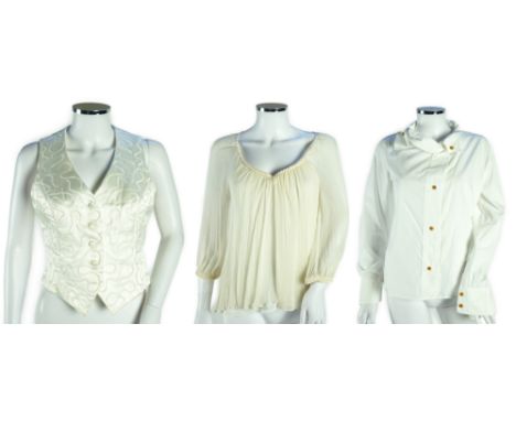 A Diane von Furstenberg cream silk lady's blouse with rope detail, a Dusk for Frank Usher cream silk waistcoat and a white co
