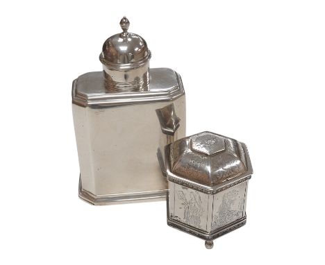 A late Victorian silver octagonal tea caddy, by Thomas Bradbury &amp; Sons, London, 1895, 12.8cm and a Dutch? engraved white 
