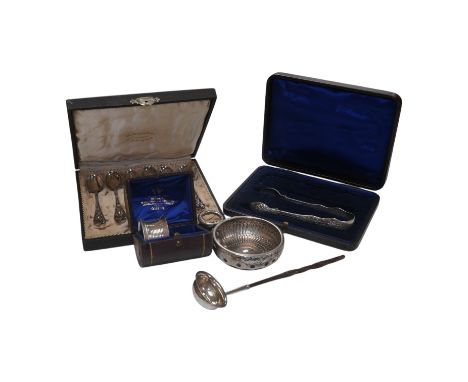 A French 800 standard white metal taste vin, 11cm, together with a George III silver toddy ladle, London, 1799, a cased set o
