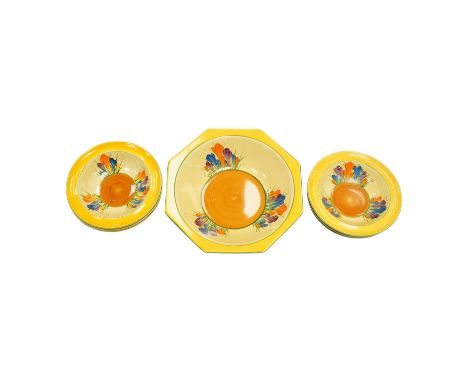 A Clarice Cliff Crocus pattern octagonal bowl and set of six dishes, largest 23cm wide. Condition - good