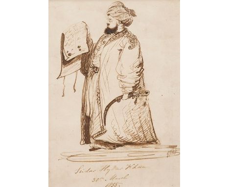 Mid 19th century School, ink, Full length portrait of Sidar Hydur Khan, indistinctly monogrammed and dated 30th March 1855, 2