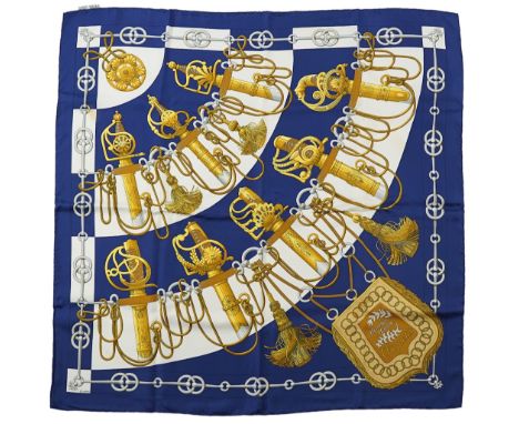 A Hermes navy Cliquetis silk scarf by Julia Abadie with box and Christmas outer box. 90 x 90cm
