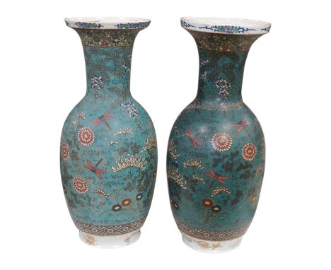 A pair of Japanese ceramic cloisonné baluster vases, Meiji period, signed, 40cm. Condition - poor to fair One vase has been h