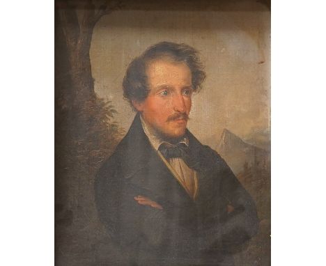Mid Victorian School, Portrait of a gentleman before a landscape, unsigned, 23 x 19cm, ornate gilt framed. Condition - fair