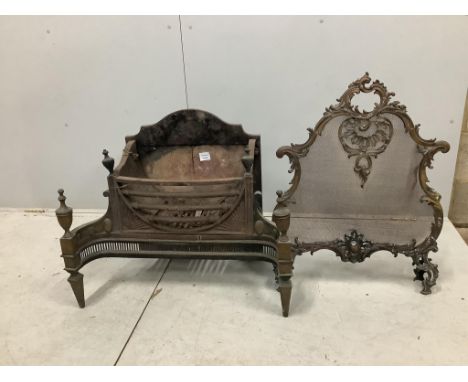 An Adam design brass mounted cast iron fire grate, width 74cm, depth 44cm, height 65cm, together with a brass rococo style me
