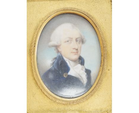 A George III portrait miniature on ivory of a gentleman wearing a frock coat, housed in an ebonised and gilt frame, 5.5 x 4cm