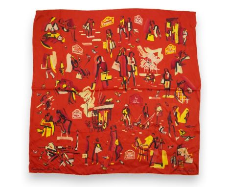 A Hermes silk Rendez Vous Rive Gauche 70 in geranium, with Hermes box, 70cm x 70cm