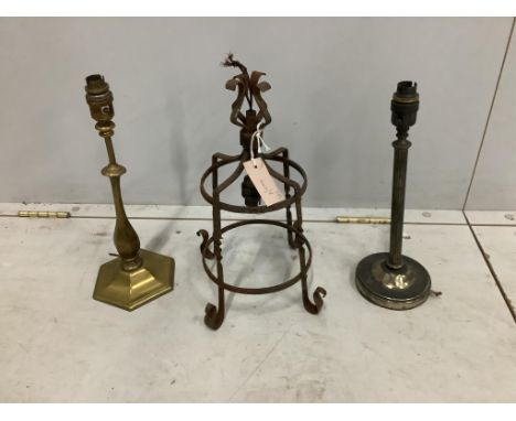 A wrought iron lantern and two candlestick table lamps, largest height 38cm. Condition - poor to fair