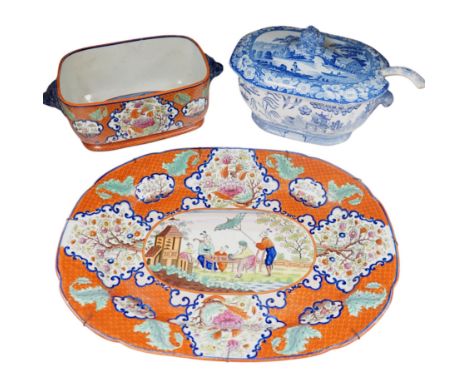 A large early to mid 19th century Pearlware meat platter and tureen without cover decorated with the ‘doctor calling’ pattern
