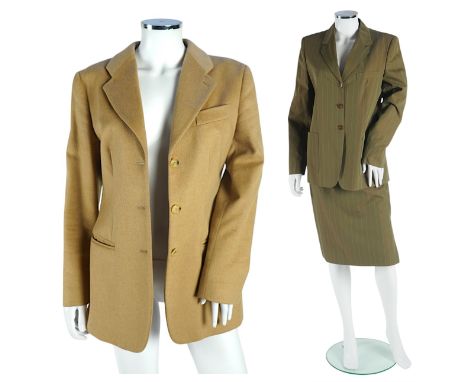 A Max Mara lady's brown pinstripe skirt suit and a Giorgio Armani camel cashmere? single breasted jacket, suit with half line