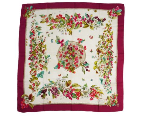 A vintage Gucci silk scarf with a design of strawberries and cherries, Gucci label, 86 x 87cm