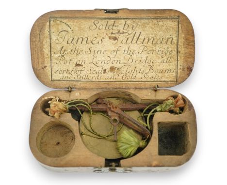 A cased set of late 17th century gold scales labelled for 'James Tallman, At the Sign of the Porridge Pot, on London Bridge, 