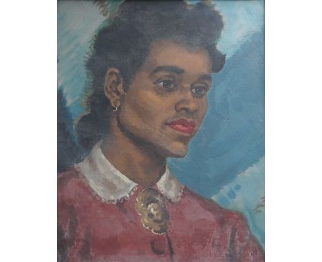 Modern British, oil on canvas, Portrait of a black woman, unsigned, 38 x 30cm, ornate gilt framed. Condition - fair, canvas s