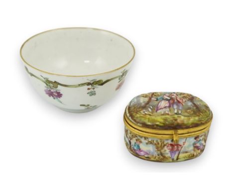 An 18th century Doccia porcelain tea bowl and a Naples style trinket box, bowl 7.5cm diameter. Condition - good Both items in