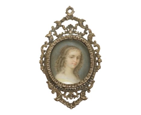 English School circa 1840, watercolour on ivory miniature portrait of a young lady with ringlets, size overall 10cm high, hou