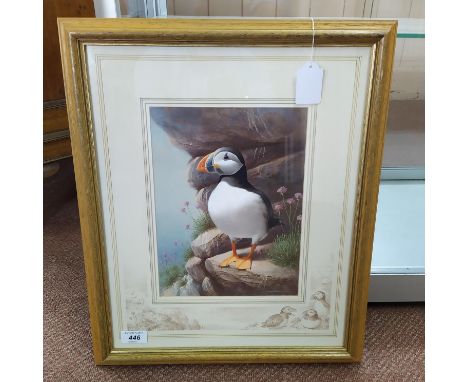 Raymond Watson (1935-1994) framed watercolour of a puffin 'Dunnett Head Caithness October '91', 8" x 10 3/4"