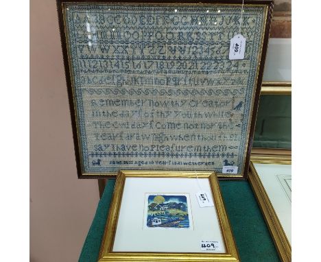 A framed Victorian sampler by Jane Bull 1841, 16" x 15 1/2" plus a limited edition callograph print 1/25, by Mandy Walden 'Fi