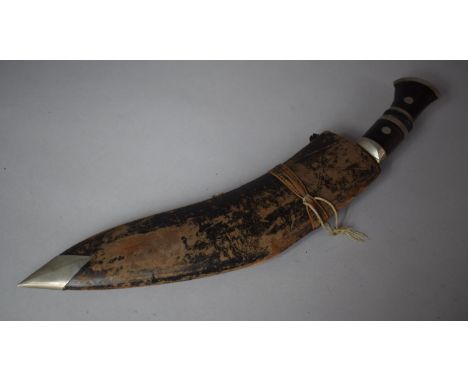 A Vintage Horn Handled Kukri Knife in Leather Scabbard 