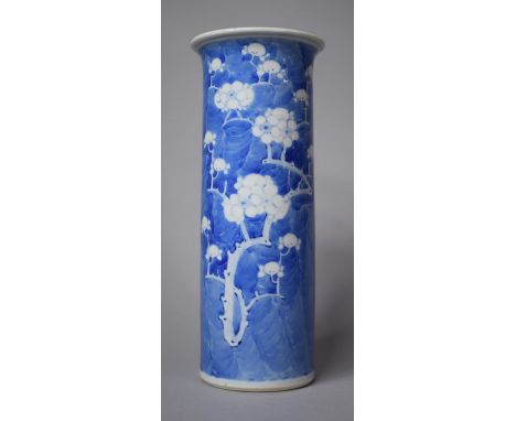 A 19th Century Chinese Blue and White Prunus Pattern Sleeve Vase with Four Character Mark for Kangxi to Base, 25cms High (Rep