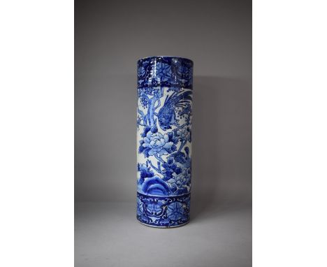 A Late 19th Century Oriental Blue and White Stick Stand with Bird Decoration, 62cms High (Restored and Glued) 