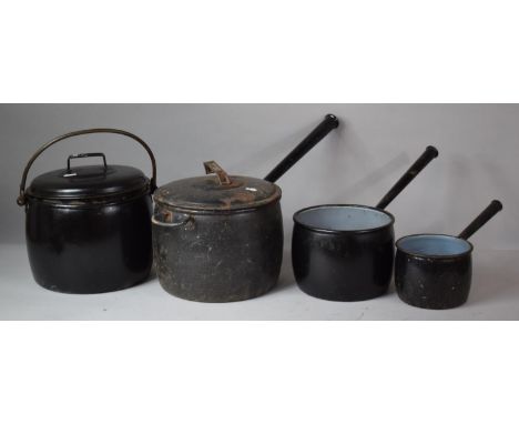 Four Vintage Enamel Saucepans, Two with Lids 