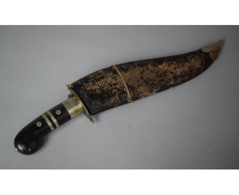 A Vintage Kukri Knife with Ebonised and Metal Banded Handle in Leather Scabbard, 44cms Wide 